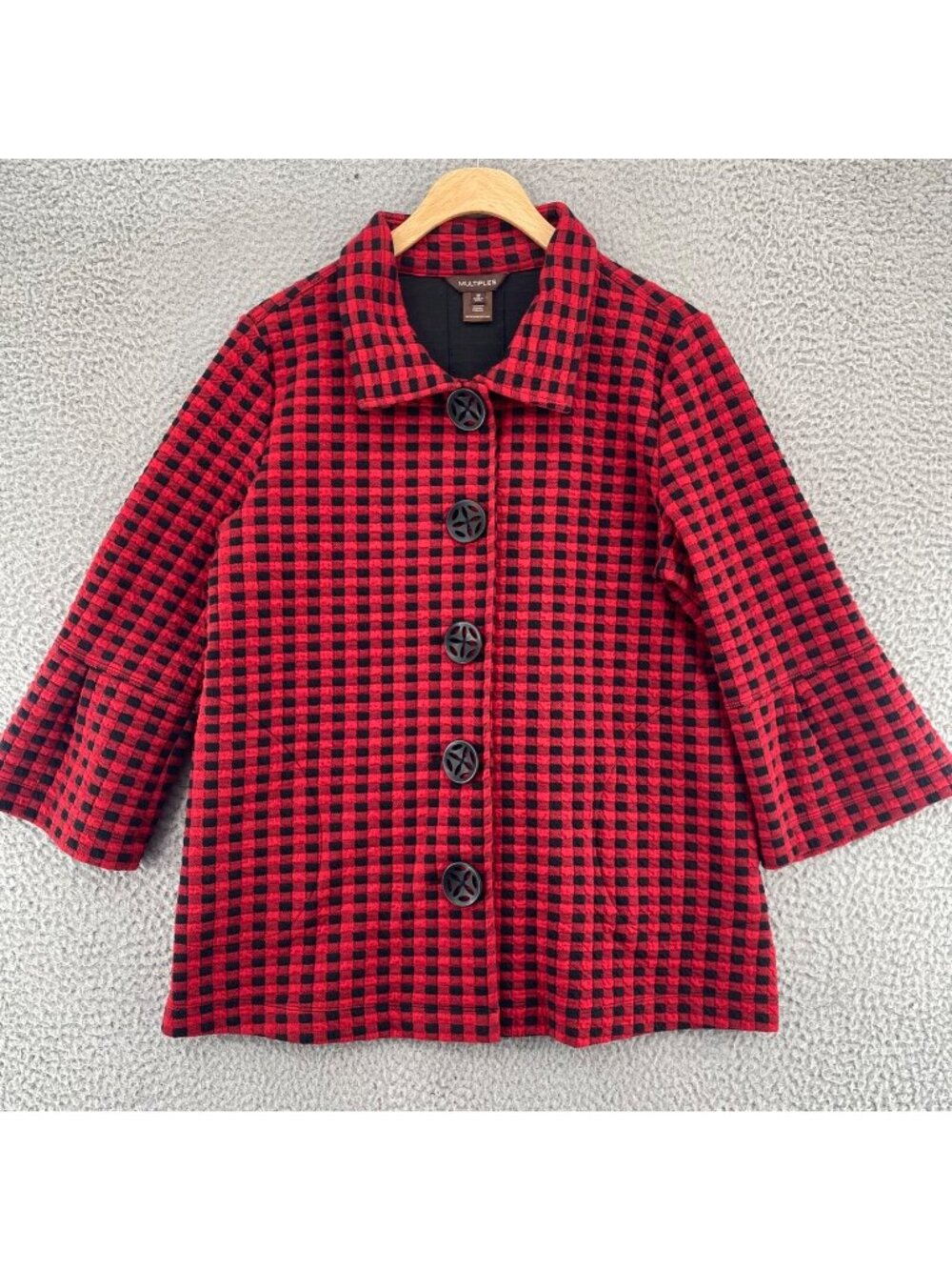 Multiples Jacket Womens Medium Red Quilted Buffalo Plaid 3/4 Bell Sleeve Pockets